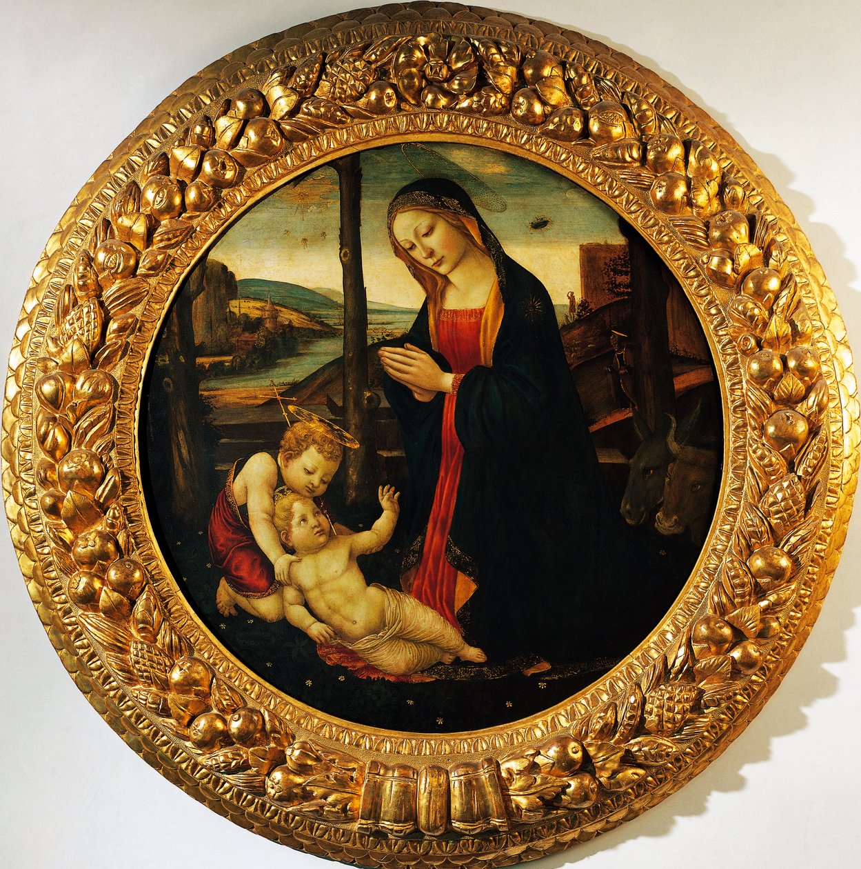 Madonna mit Kind und dem kleinen Johannes dem Täufer, Gemälde zugeschrieben dem Meister des Tondo Miller (Ende des 15. Jahrhunderts) von Master of the Miller Tondo (attr. to)