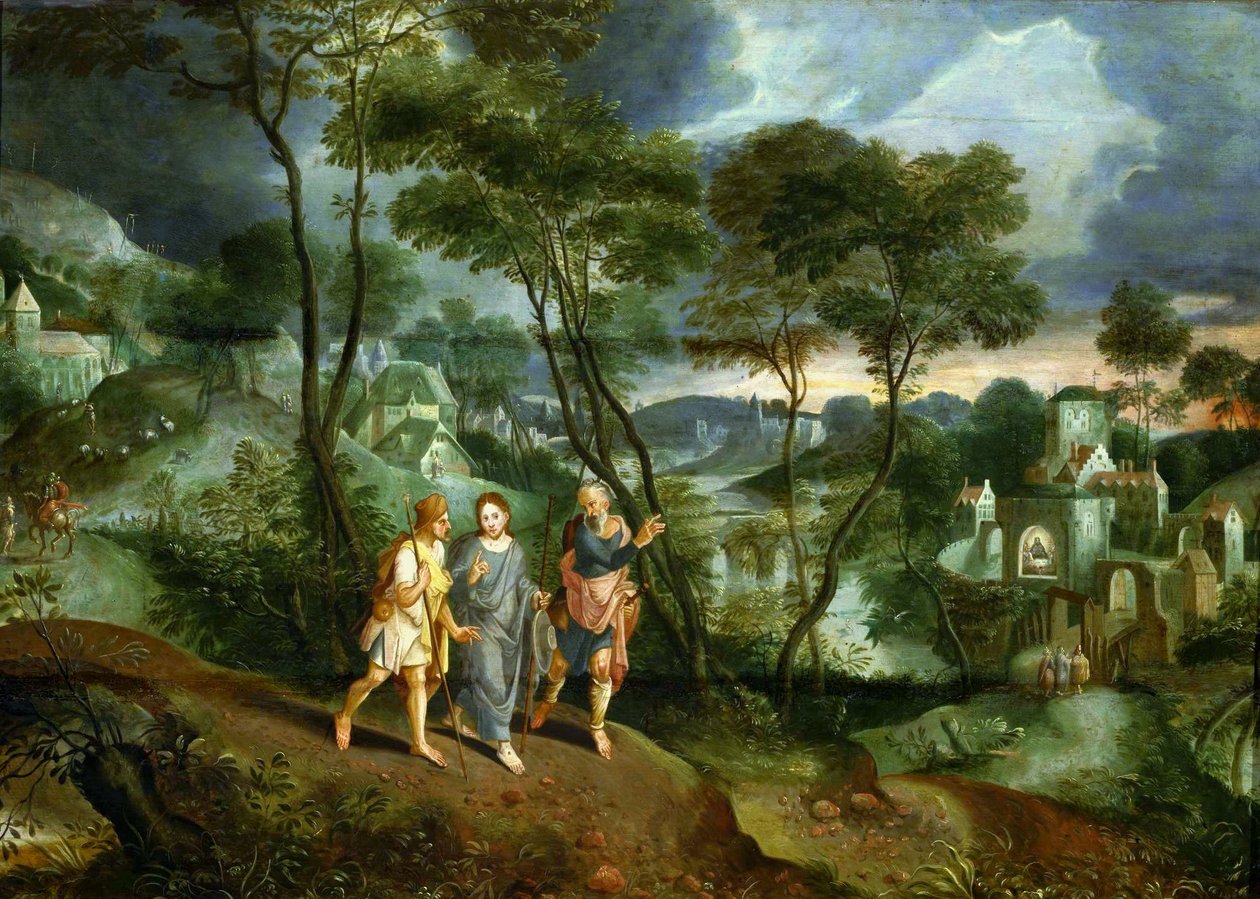 Christus mit Jüngern auf dem Weg nach Emmaus von Master of the Prodigal Son