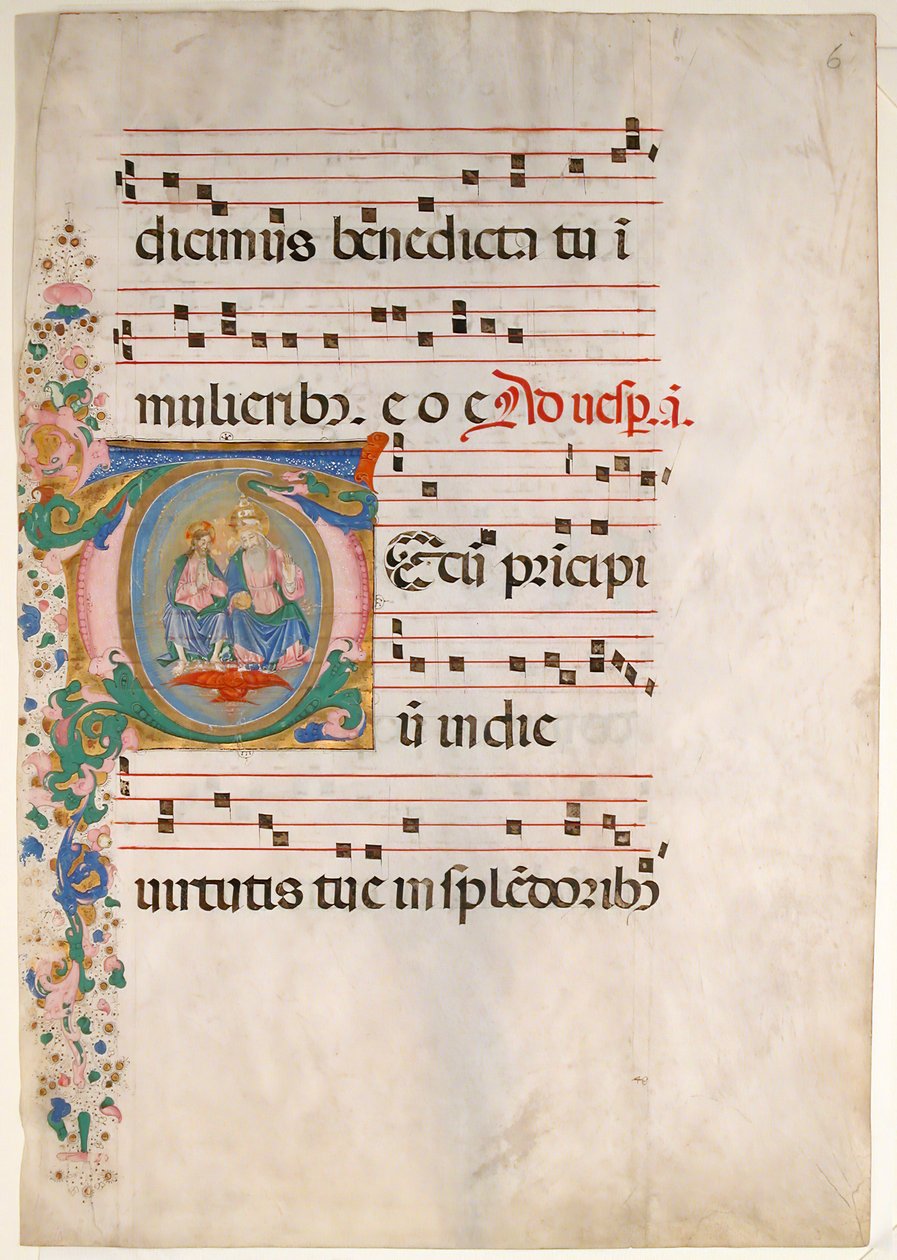 Manuskriptblatt mit der Dreifaltigkeit in einem Initial T, aus einem Antiphonar von Master of the Riccardiana Lactantius