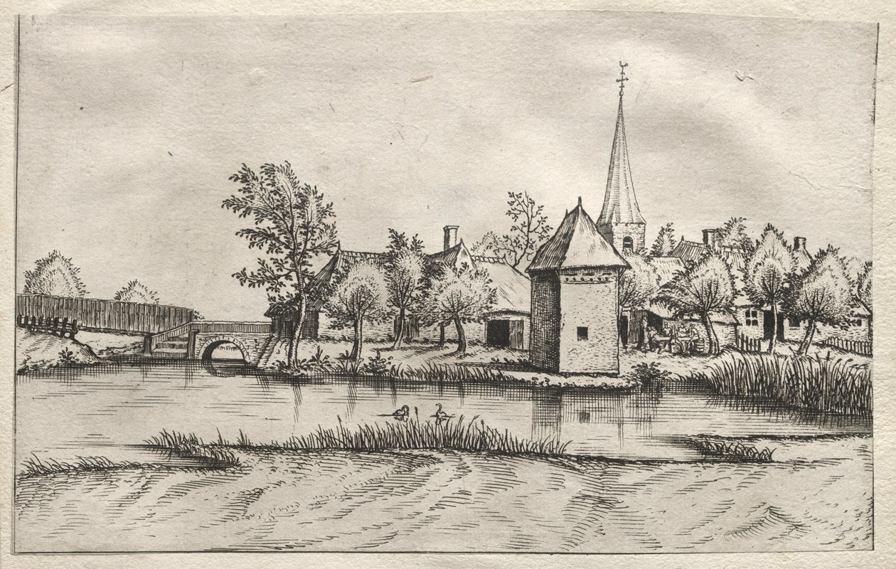 Ansichten von Dörfern in Brabant und Campine: Ein Dorf mit Wassergraben, um 1561 von Master of the Small Landscapes