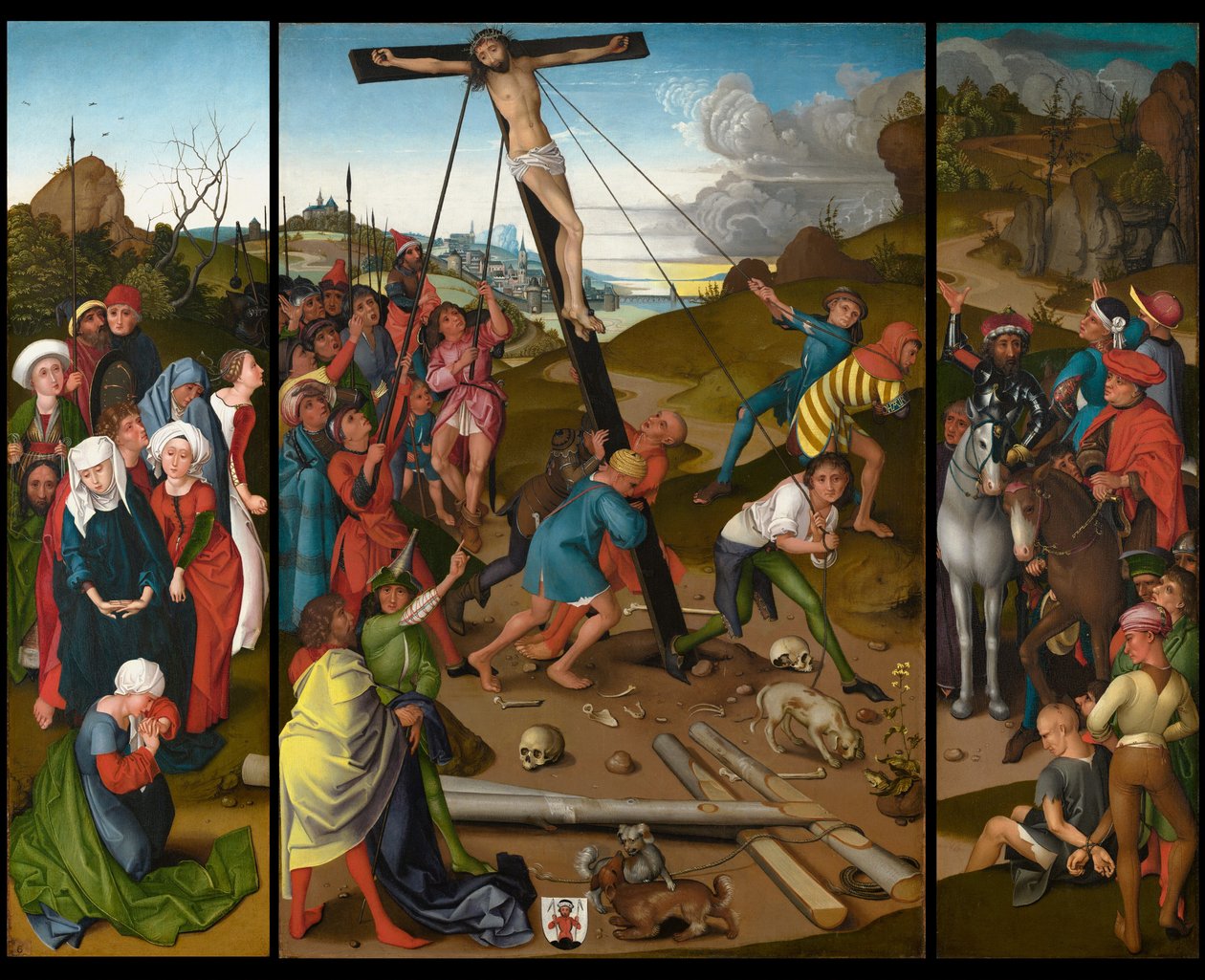 Die Kreuzaufrichtung (Mittel-, linke und rechte Tafeln) von Master of the Starck Triptych