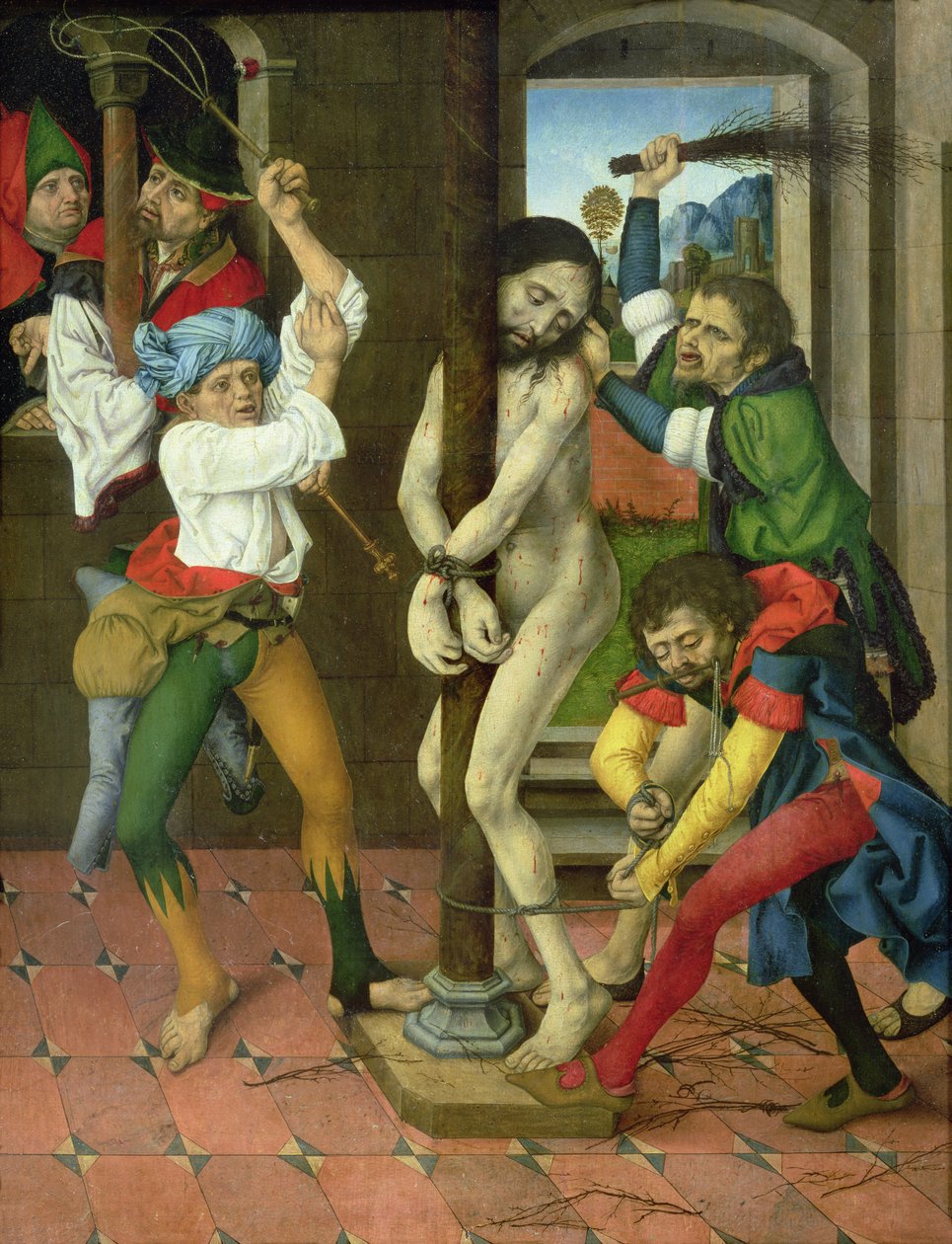 Die Geißelung Christi, Seitenflügel des Passionsaltars (Tafelbild) von Master of the Strache Altar