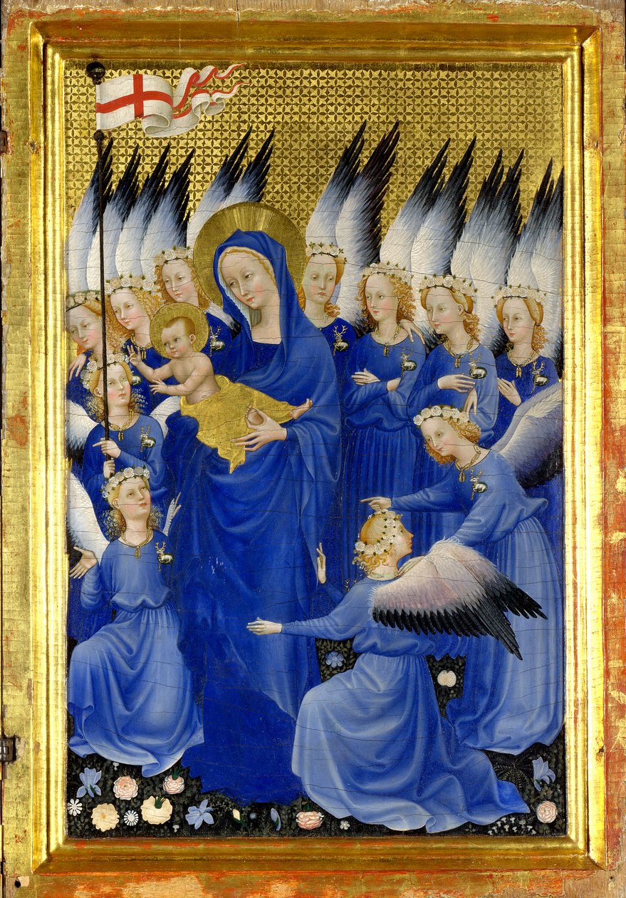 Jungfrau und Kind mit Engeln (Die rechte Innentafel des Wilton-Diptychons) von Master of the Wilton Diptych