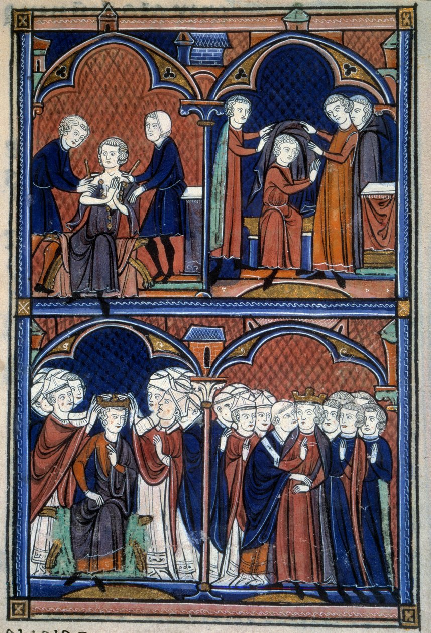 Ordnung der Weihe und Krönung der Könige von Frankreich: Der König mit der Tunika, dem Mantel und der Krone, auf die alle Peers ihre Hände legen; der Erzbischof umarmt ihn. Miniatur aus dem 