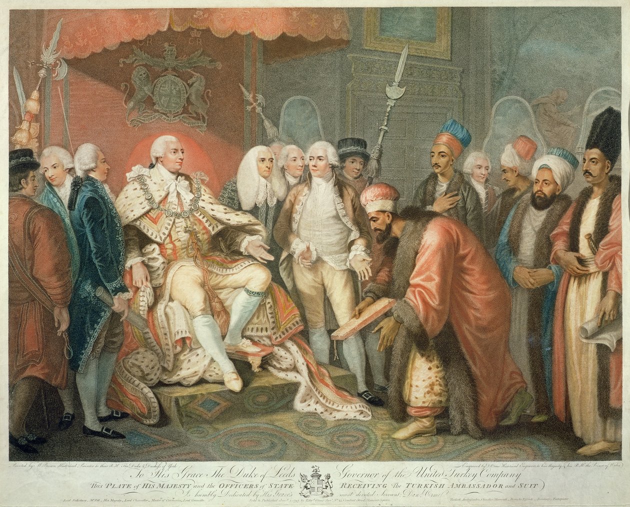 Seine Majestät und Staatsbeamte empfangen den türkischen Botschafter und Gefolge, graviert von Daniel Orme, veröffentlicht von Edward Orme, 1797 von Mather Brown