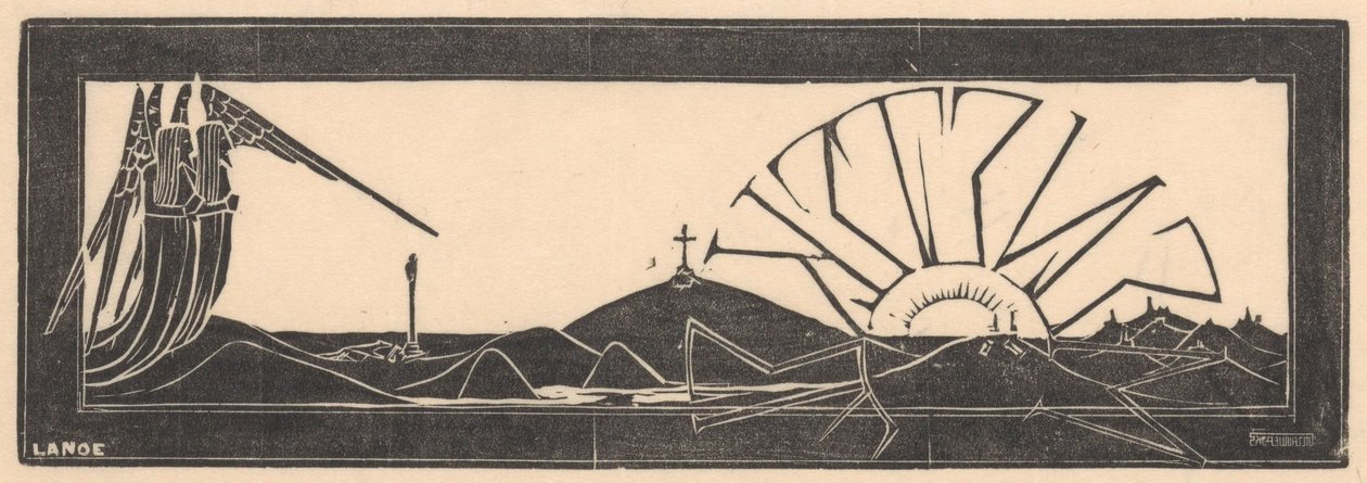 Geflügelte Figuren in Hügellandschaft von Mathieu Lauweriks
