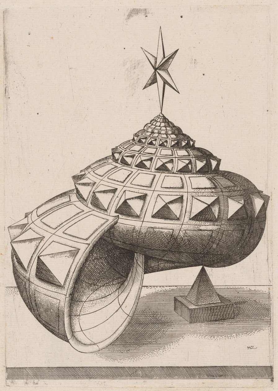 Perspektive einer facettierten Schneckenschale, die auf einer Pyramide balanciert von Mathis Zündt, after Hans Lencker