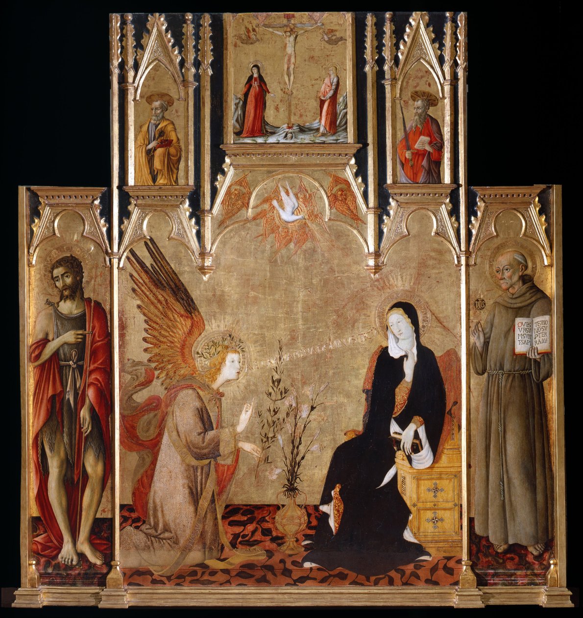 Verkündigung mit den Heiligen Johannes dem Täufer und Bernardino da Siena. Die Kreuzigung. Heilige Petrus und Paulus, zwischen 1455 und 1464 von Matteo di Giovanni