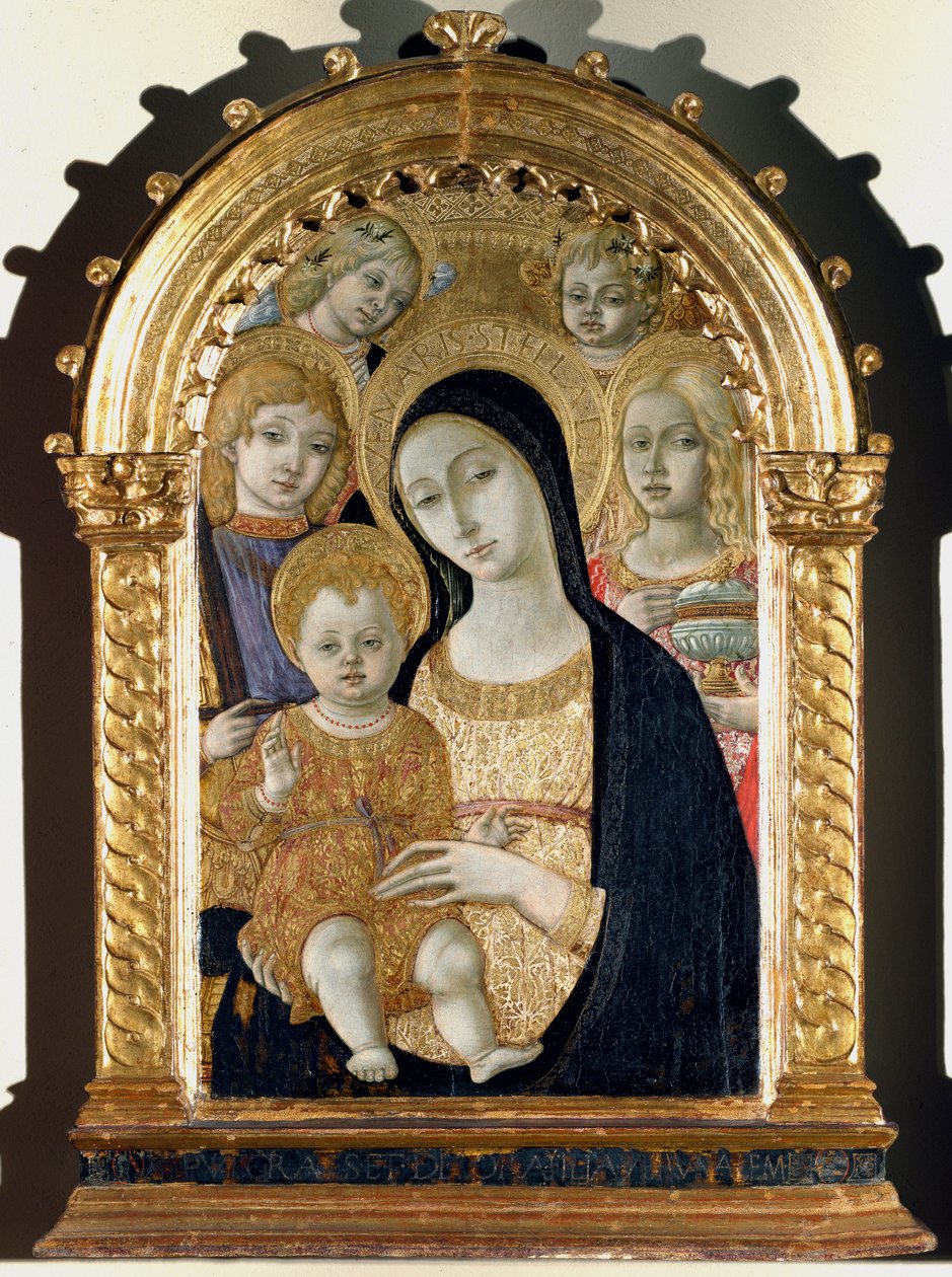Jungfrau mit Jesuskind, Heiliger Michael, Heilige Maria Magdalena von Matteo di Giovanni di Bartolo