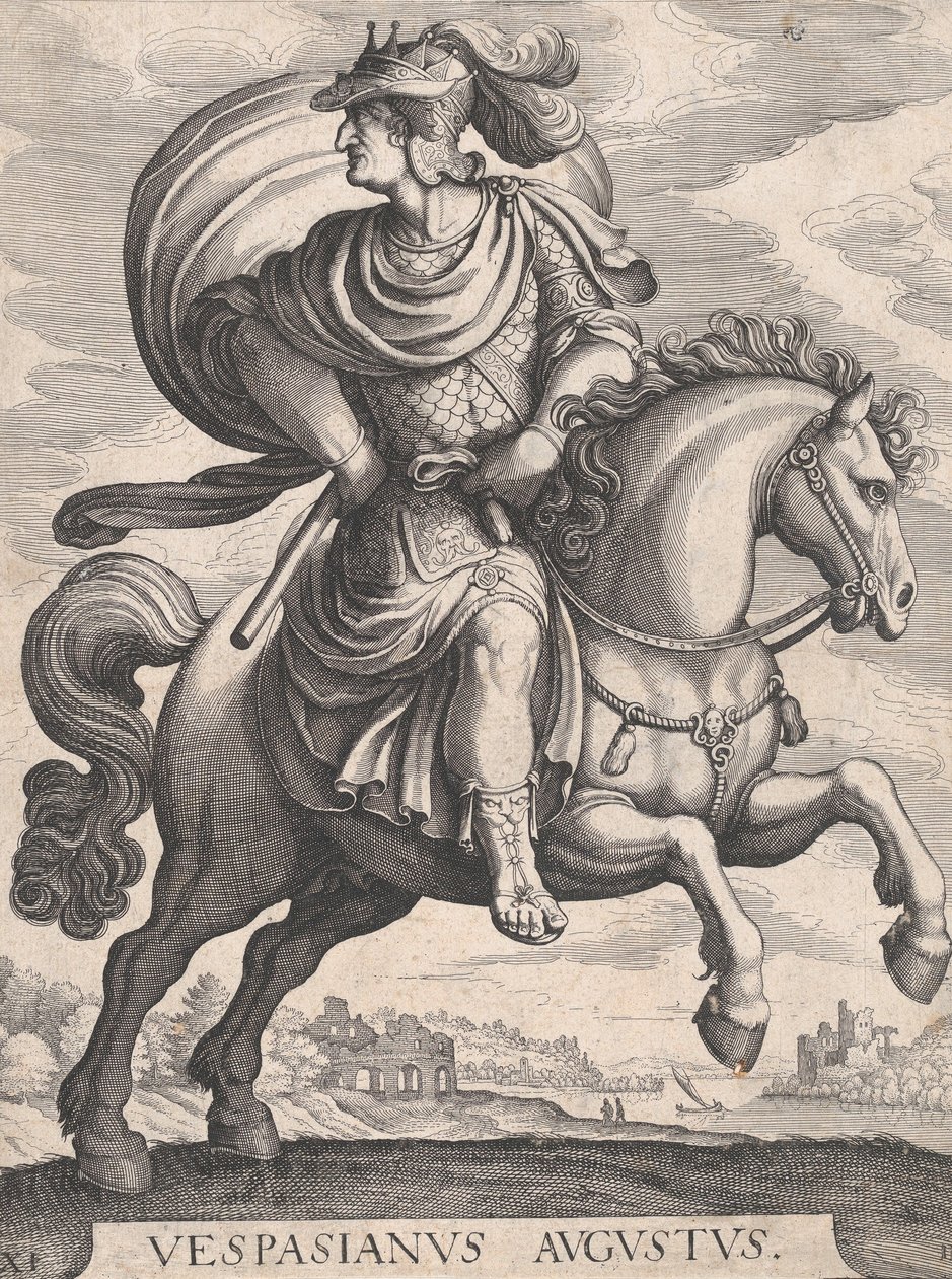 Kaiser Vespasian zu Pferd, aus der Serie Die ersten zwölf römischen Kaiser, Platte 1..., 1610-50 von Matthaus Merian