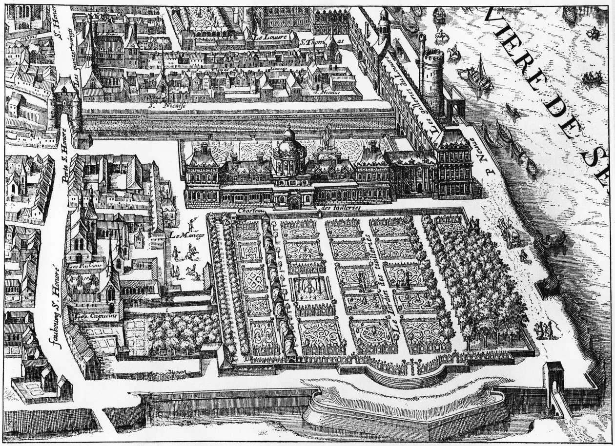 Paris: Der Palast und Garten der Tuilerien im Jahr 1615, Faksimile von Mathieu Merians Plan. von Matthaus the Elder (after) Merian