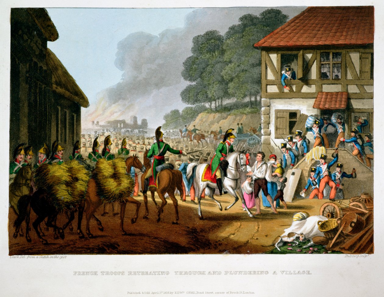 Französische Truppen ziehen sich durch und plündern ein Dorf zurück, 1816 von Matthew Dubourg