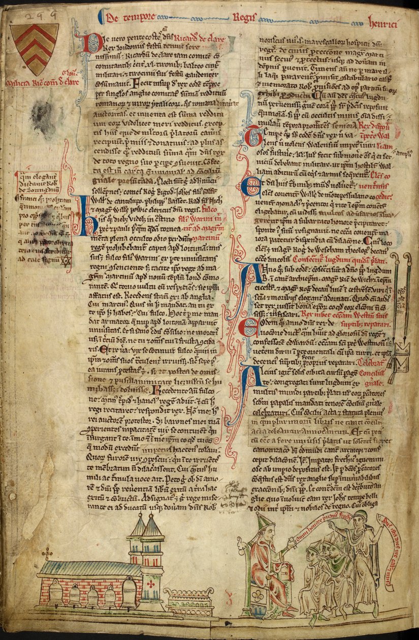 Westminster Abbey und das Heiligtum von St. Edward; rechts Papst Innozenz IV. beim Konzil von Lyon, Illustration aus 