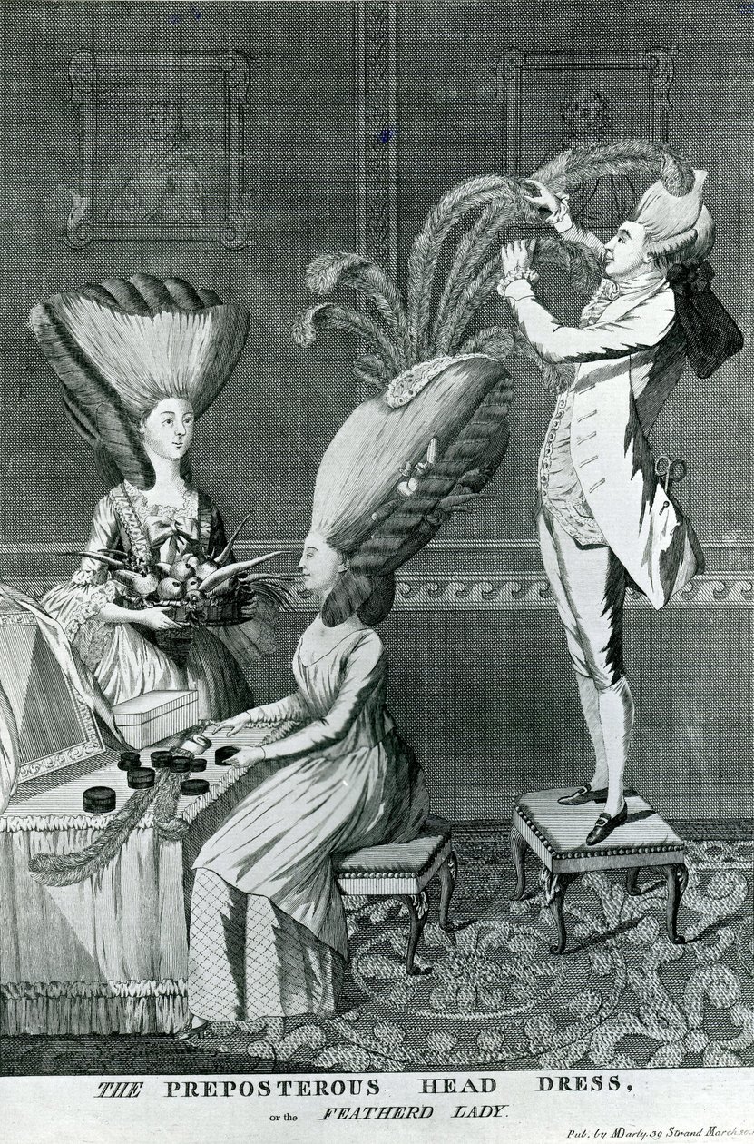 Die absurde Kopfbedeckung oder die gefiederte Dame, 1776 von Matthew or Matthias Darly