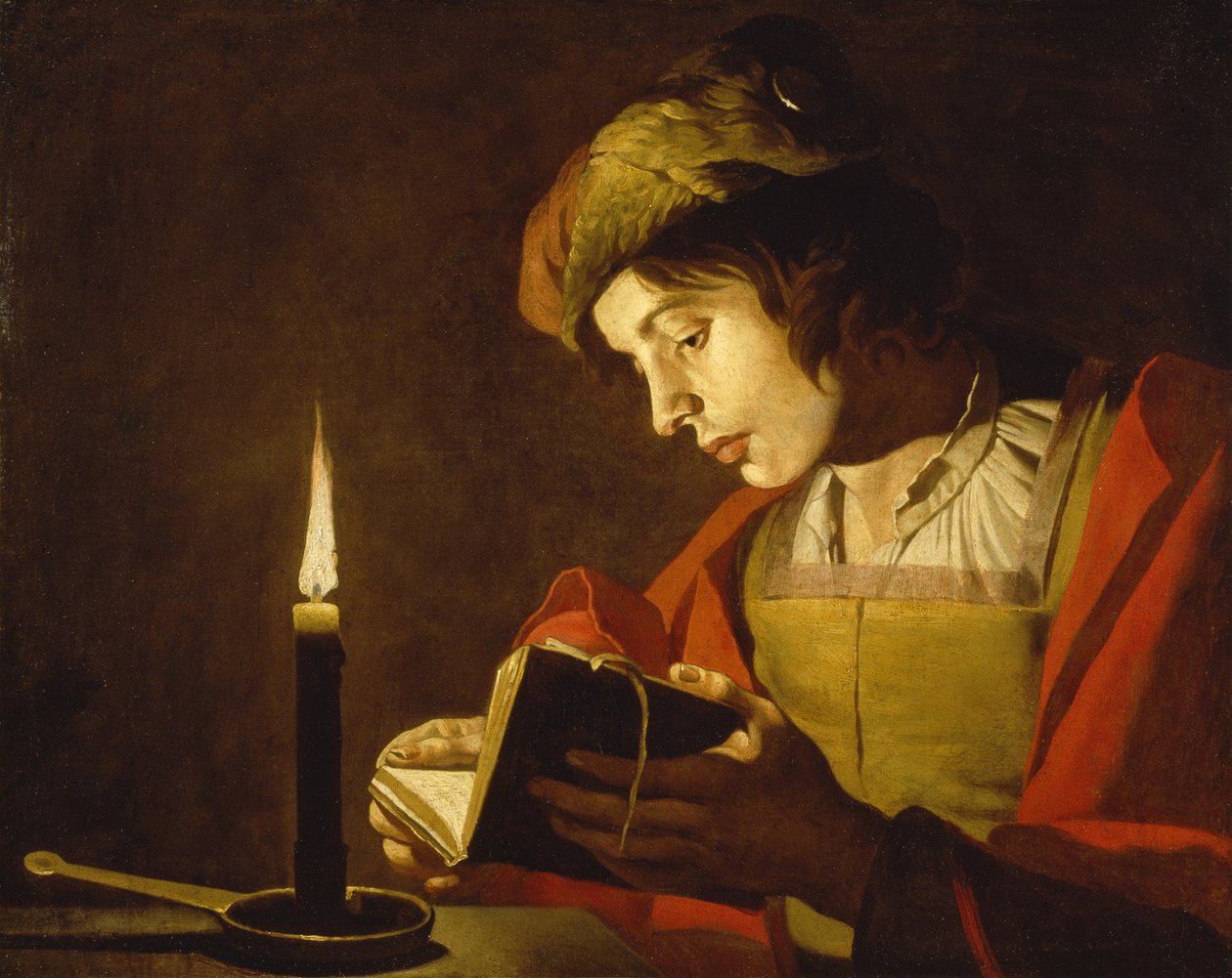 Ein junger Mann liest bei Kerzenlicht von Matthias (c.1600-p.1650) Stomer