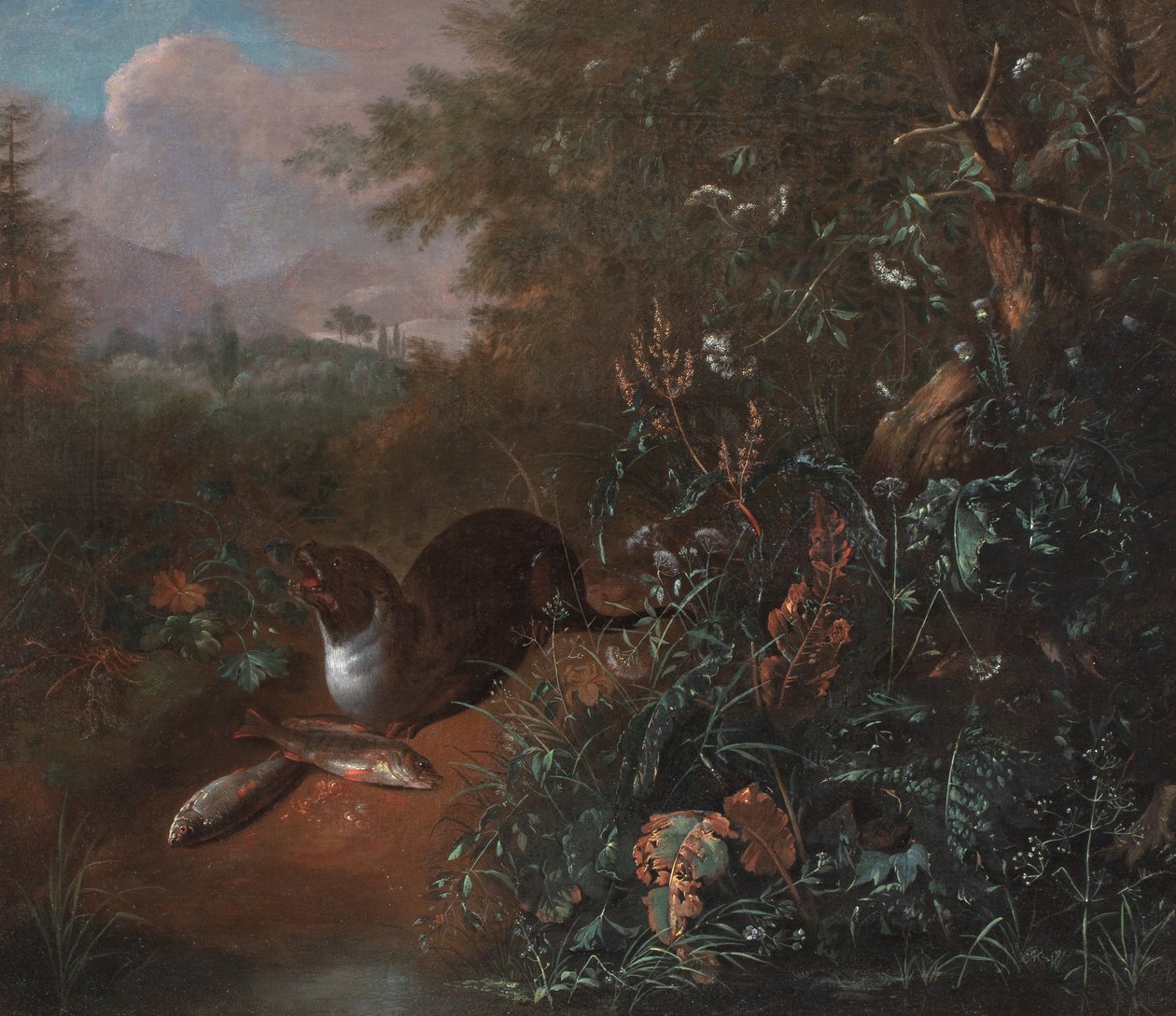 Ein Waldstillleben mit einem Otter und zwei Fischen, um 1650-1700 von Matthias Withoos