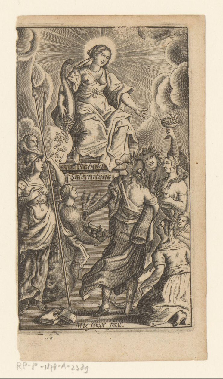 Personifikation der Freigebigkeit (Liberalitas), Titelblatt für: Johannes de Mediolano, Schola Salernitana, 1649 von Matthias van Sommer