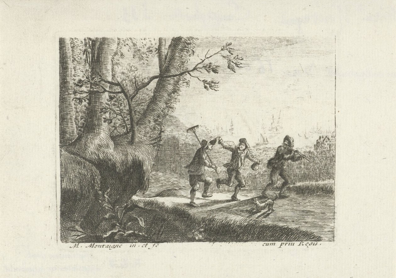Landschaft mit drei tanzenden Bauern von Matthieu van Plattenberg