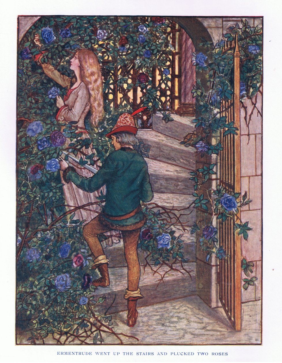 Ermentrude ging die Treppe hinauf und pflückte die Rosen, Illustration aus Lady Anns Märchen, 1914 von Maud Tindal Atkinson