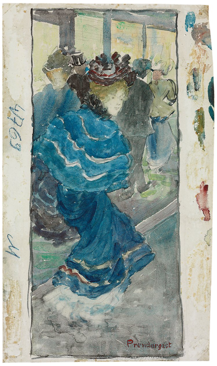 Elegante Frau in einem blauen Kleid, ca. 1893-94 von Maurice Brazil Prendergast