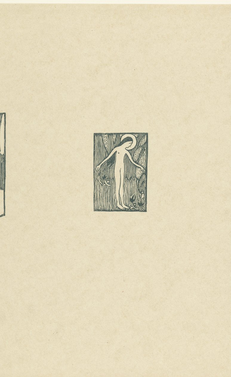 Illustration mit nackter weiblicher Heiliger, die bei einem Baum neben einem Gedicht in Paul Verlaines Gedichtband steht von Maurice Denis