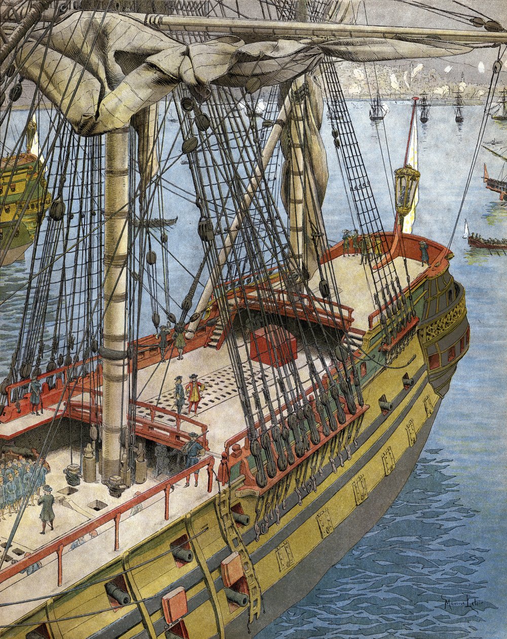 Bombardierung und Brand der Stadt Algier im Jahr 1682: Abraham Marquis Duquesne (zwischen 1604 und 1610-88), ein Offizier der französischen Marine, beobachtet von seinem Schiff aus die Wirkung der Bomben. Chromotypographie in „Le Roy Soleil“ (Ludwig XIV) v von Maurice Leloir