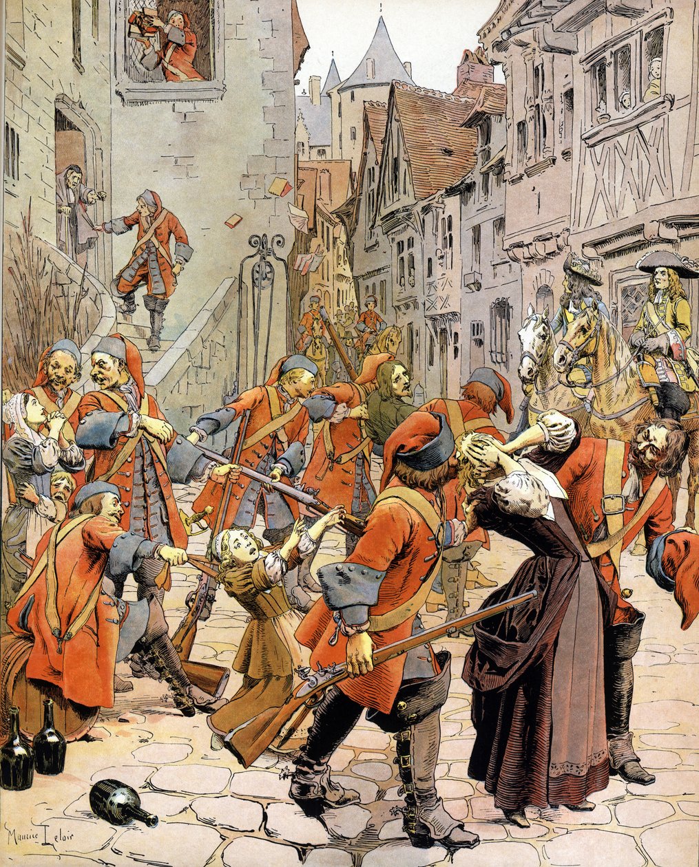 Les Dragonnades (1681-1685): Vertreibung einer protestantischen Familie durch die Truppen der Dragoner, die mit der Bekehrung der Protestanten beauftragt waren. Chromotypographie in „Le Roy Soleil“ (Ludwig XIV) von Gustave Toutwelve, Illustration von Mauri von Maurice Leloir