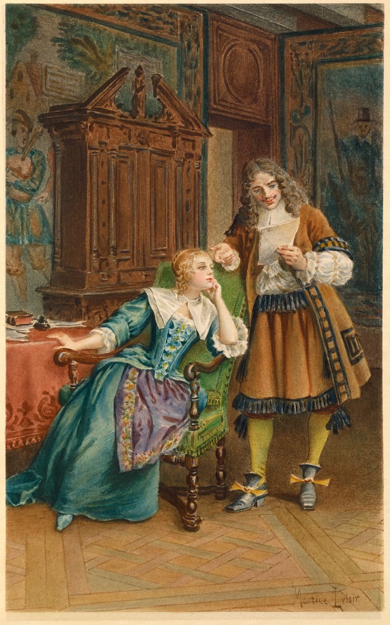 Molière liest Armande Béjart ein neues Stück vor (Illustration) von Maurice Leloir