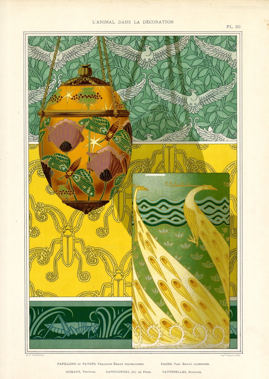 Jugendstil-Dekorationsobjekte mit Pfau, Schmetterlingen und Tauben (Litho) von Maurice Pillard Verneuil