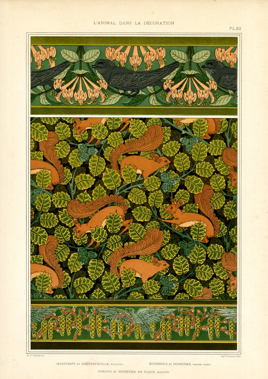 Jugendstilornament mit Vögeln, Eichhörnchen und Blumenelementen (Lithografie) von Maurice Pillard Verneuil