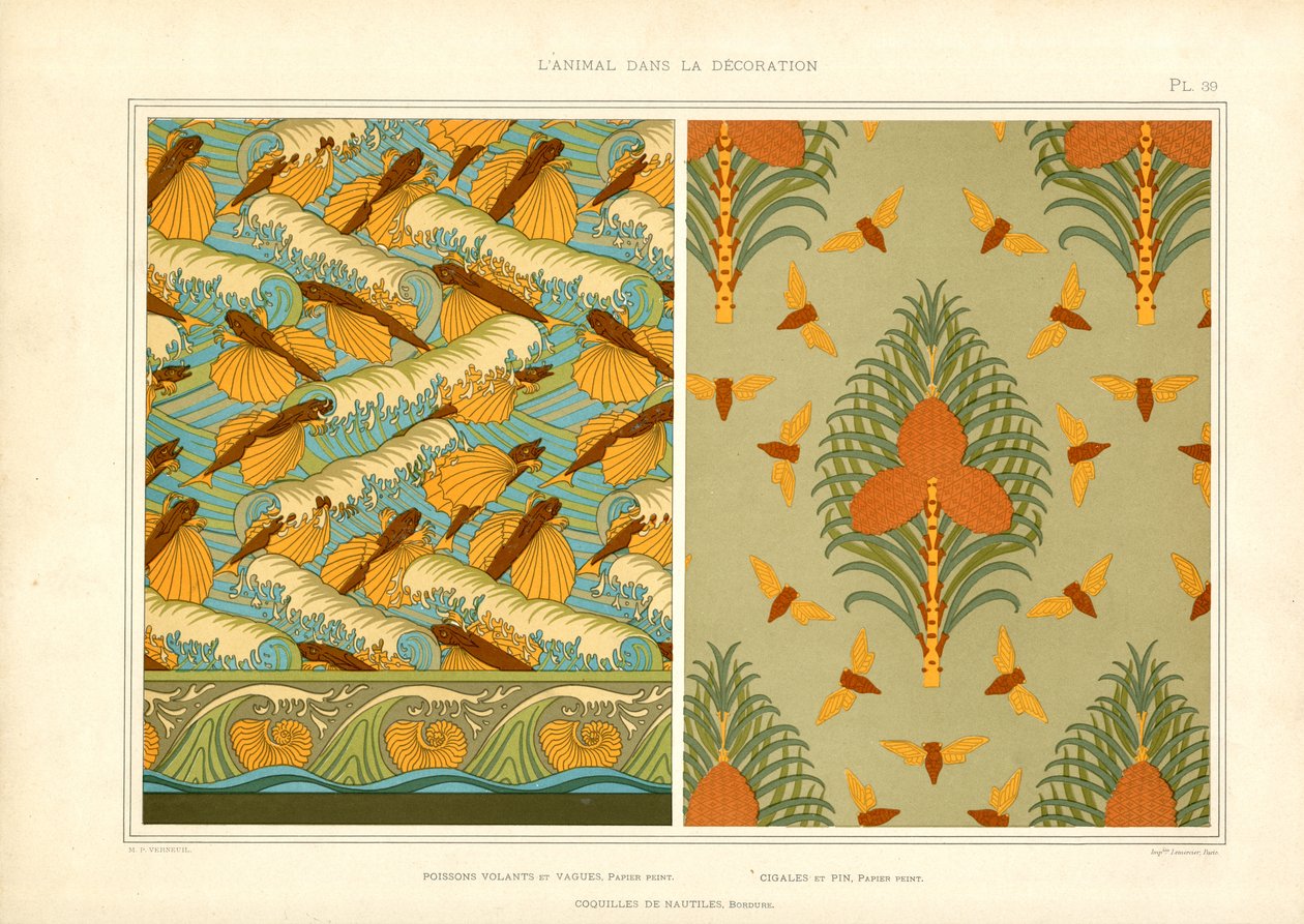 Jugendstil-Tapetenmuster mit Insekten und Meerestieren von Maurice Pillard Verneuil