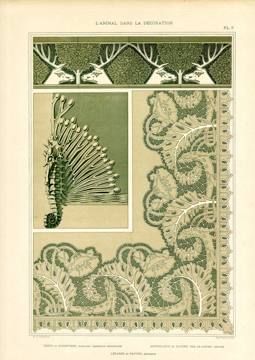 Dekorative Tierornamente mit Hirschen und Meereskreaturen von Maurice Pillard Verneuil