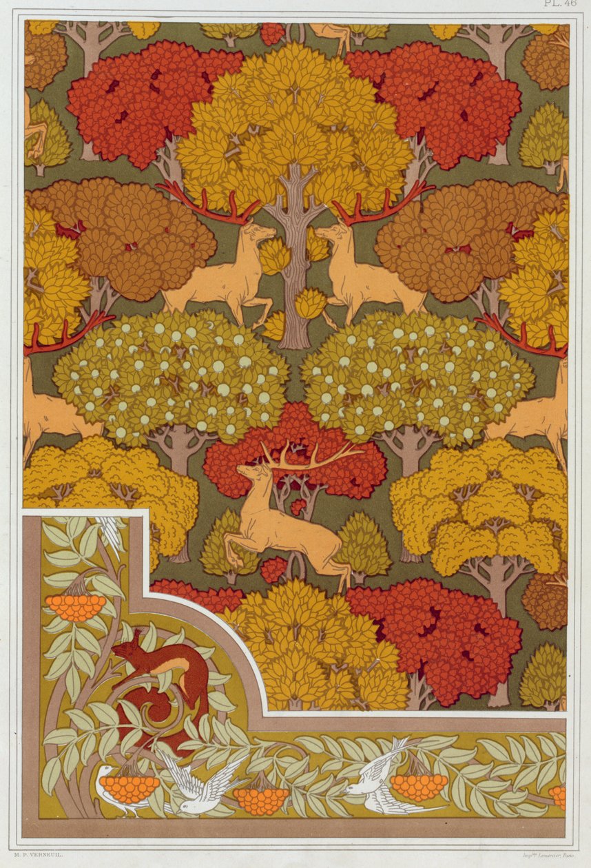 Entwürfe für Tapeten und Tapetenbordüre Hirsche in den Bäumen, veröffentlicht 1897 von Maurice Pillard Verneuil
