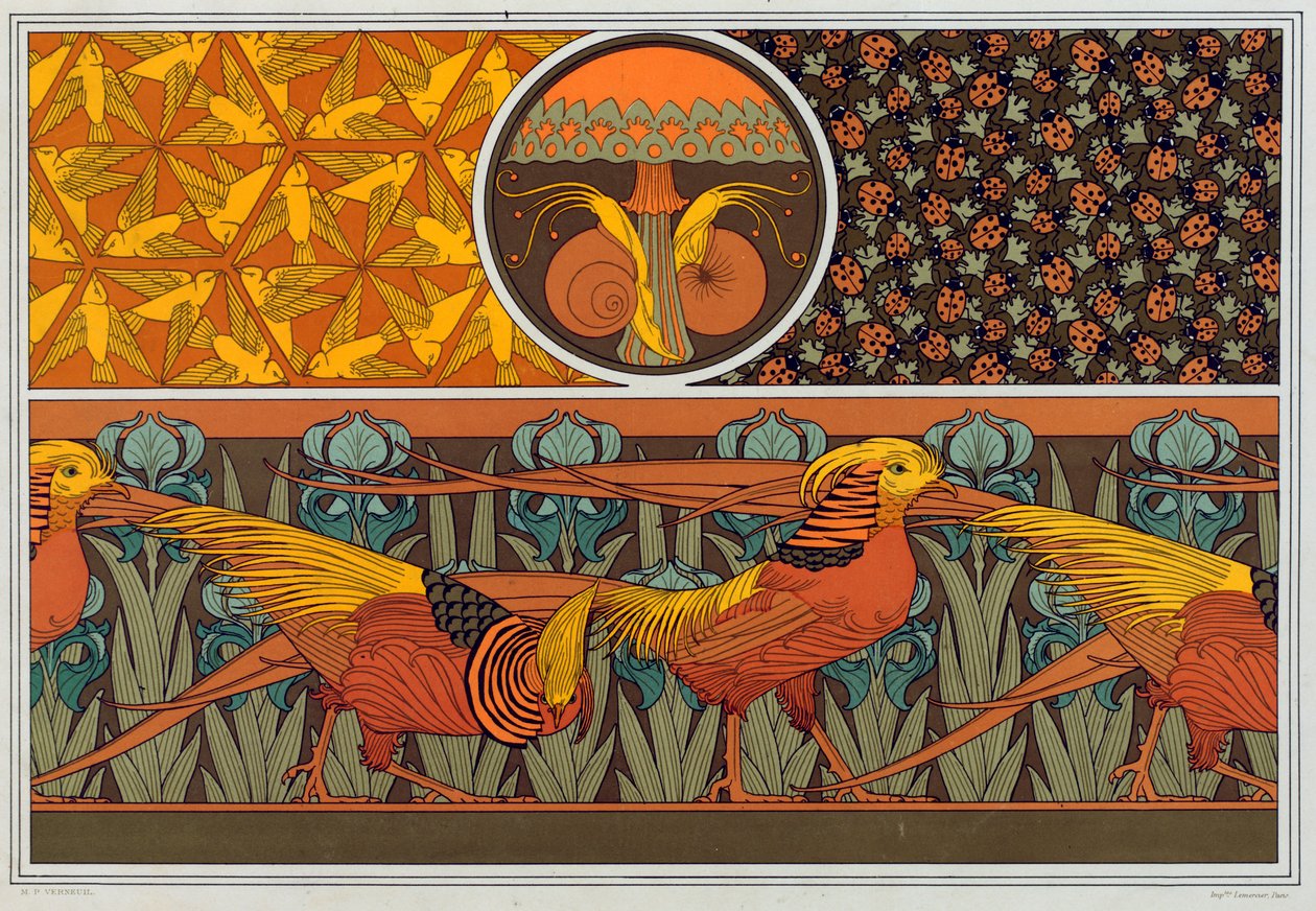 Entwürfe für Tapetenbordüre und Stoff: Vögel, Marienkäfer und Frauenhaarfarn, veröffentlicht 1897 von Maurice Pillard Verneuil