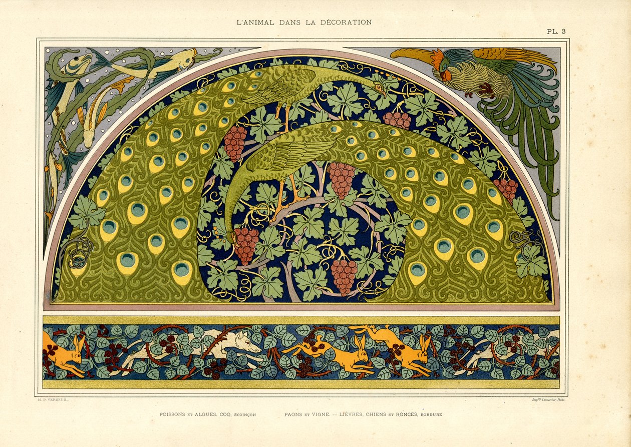 Pfau- und Hasenmotive als dekorative Jugendstilkomposition (Lithografie) von Maurice Pillard Verneuil