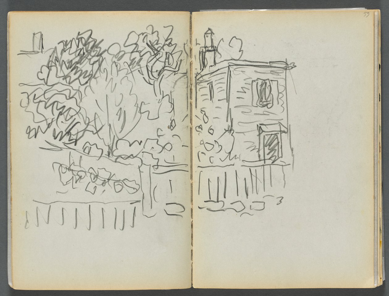Skizzenbuch - Das Granite Shore Hotel, Rockport, Seite 054 & 55: Haus und eingezäunter Garten von Maurice Prendergast