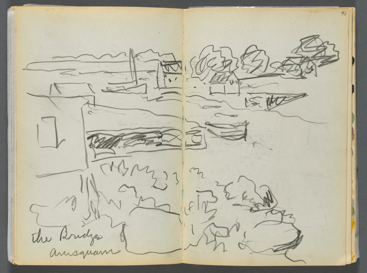 Skizzenbuch - Das Granitküstenhotel, Rockport, Seite 092 & 93: "Die Brücke, Annisquam" von Maurice Prendergast