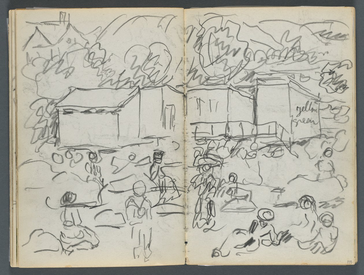 Skizzenbuch, Die Dells, Nr. 127, Seite 114 & 115: Landschaft mit Figuren und Gebäuden von Maurice Prendergast