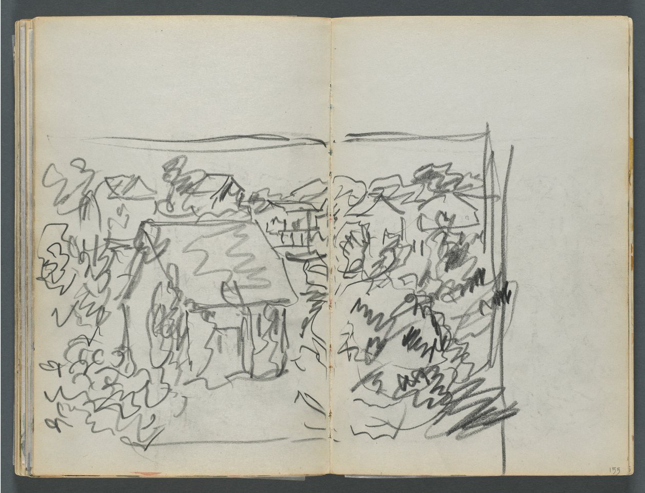 Skizzenbuch, Die Dells, Nr. 127, Seite 154 & 155: Landschaft mit Häusern von Maurice Prendergast