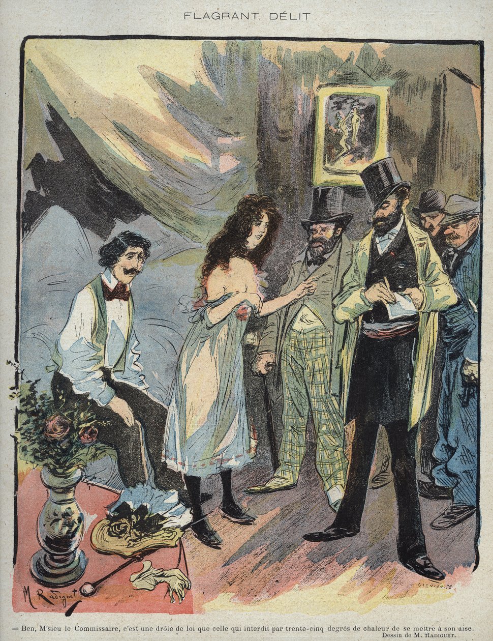 Illustration von Maurice Radiguet (1866-1941) für die französische Zeitschrift „Le Rire“ Nummer 46 von 1895 - „Flagrant Delit“ von Maurice Radiguet