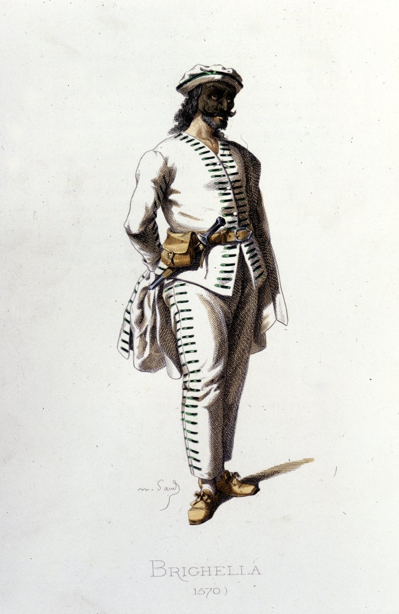 Brighellas Charakter im Jahr 1570. Maurice Sand „Masken und Narren“ Paris 19. Jahrhundert. (Maurice Sand war der Sohn von George Sand). von Maurice Sand