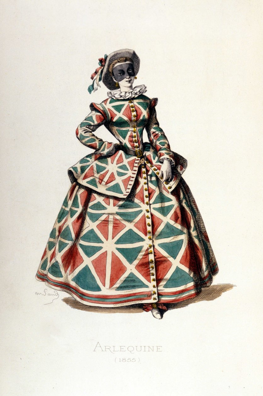 Harlekinkostüm und Maske im Jahr 1855, weibliche Figur des Harlekin in der Commedia dell