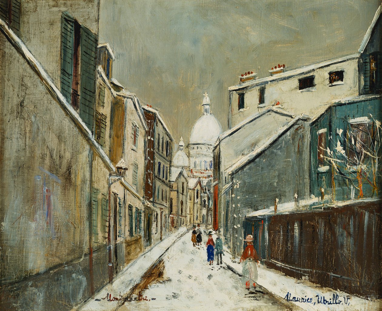 Rue St. Rustique im Schnee, Montmartre, ca. 1939 von Maurice Utrillo