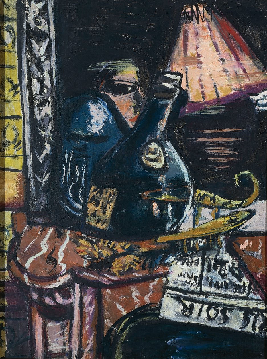 Stillleben mit schiefer Schnapsflasche und Buddha von Max Beckmann