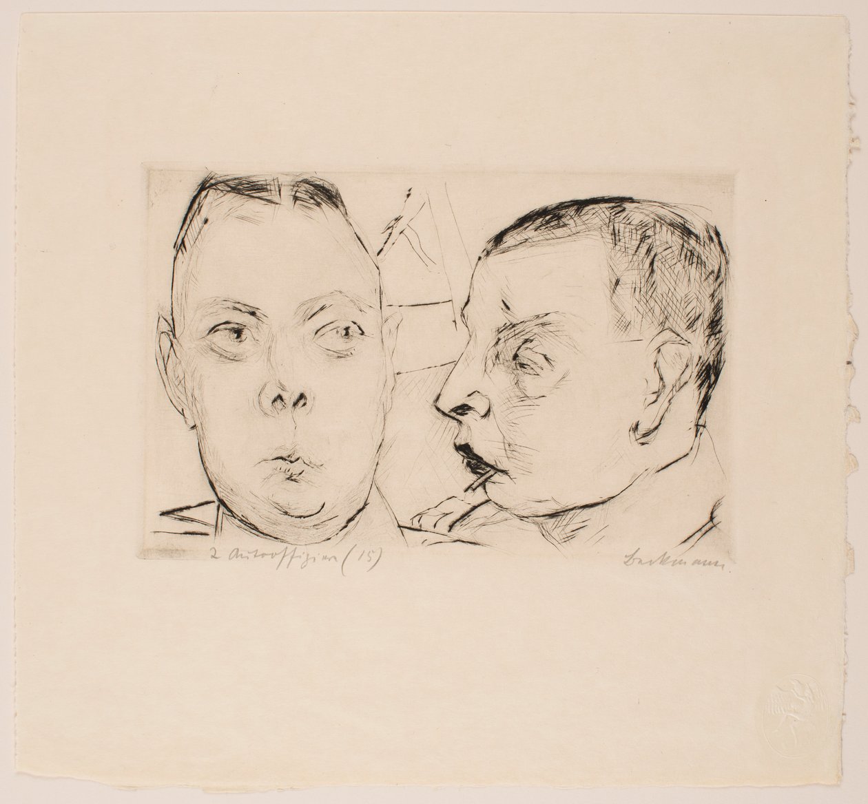 Zwei Auto-Offiziere, Platte 15 aus dem Portfolio „Gesichter“ von Max Beckmann