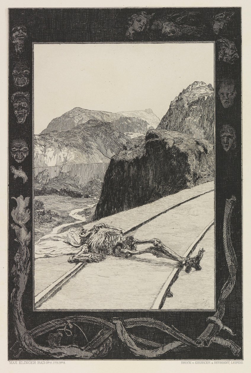 Auf den Schienen, Platte 8 aus dem Portfolio Über den Tod, Teil I, Opus XI, 1897 von Max Klinger