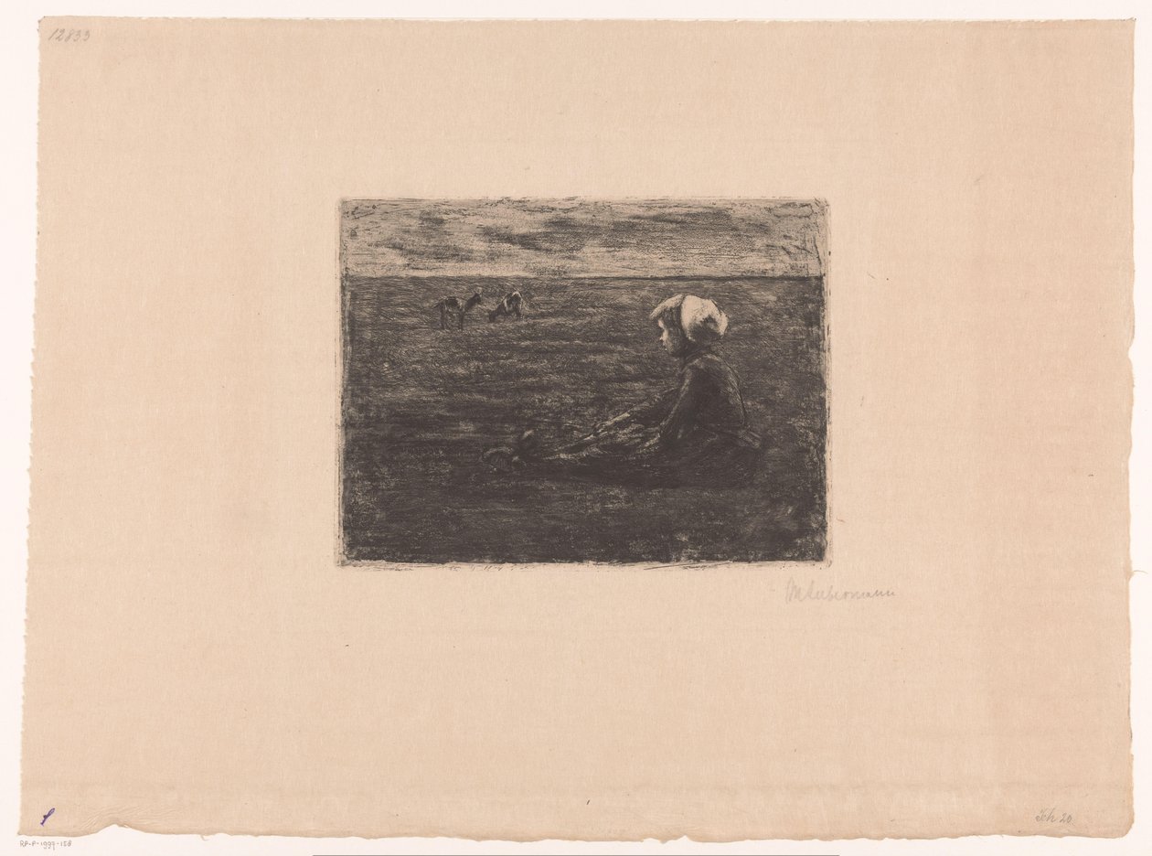 Junge Ziegenhirtin, die im Feld sitzt von Max Liebermann (signed by artist)