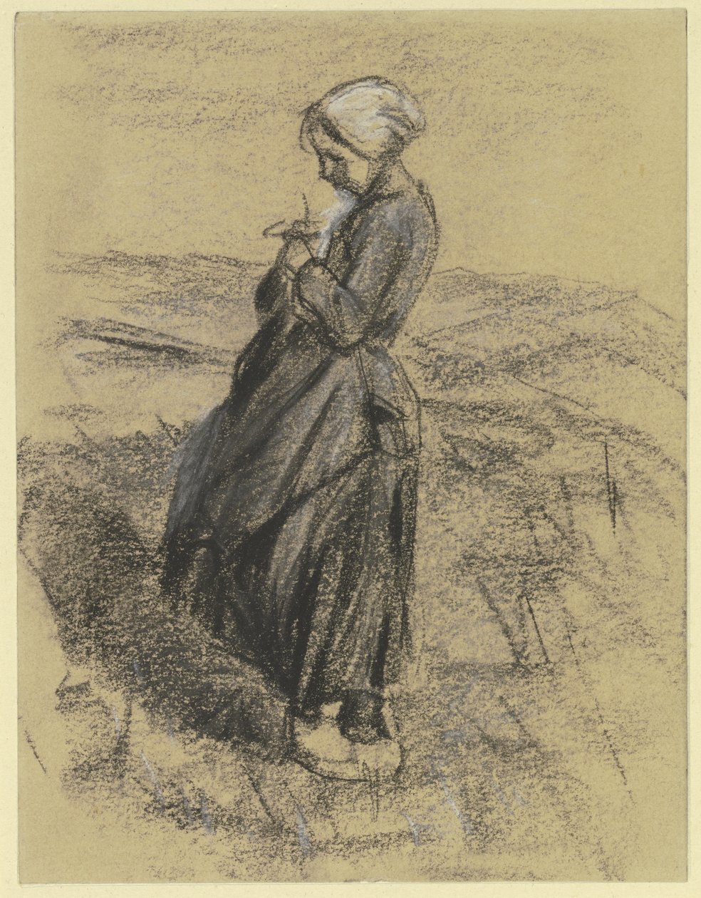 Mädchen auf dem Feld, strickend von Max Liebermann