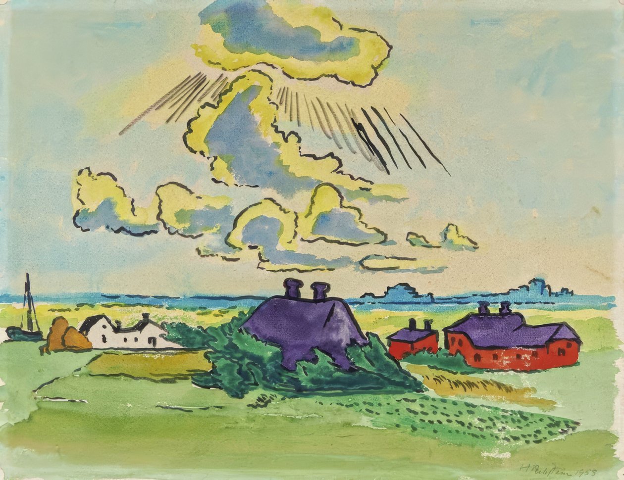 Küstenlandschaft mit Dorf von Max Pechstein