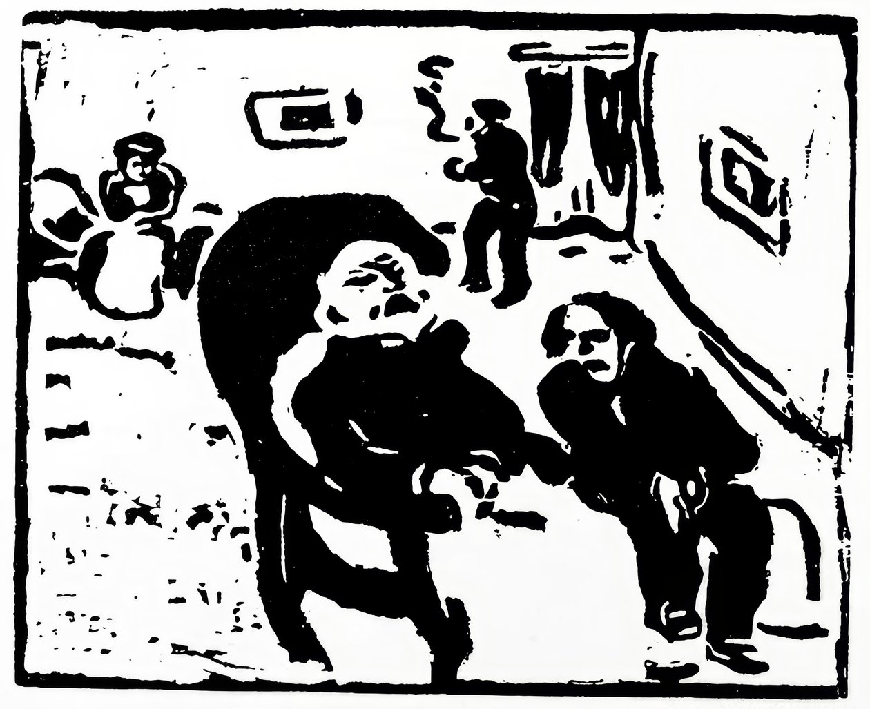 Holzschnitt, der Menschen in einem Loungebereich darstellt von Max Pechstein